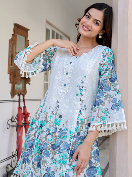 White Printed A-Line Pure Cotton kurta pant set
