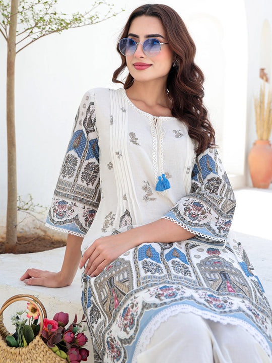 White Printed A-Line Pure Cotton kurta pant set