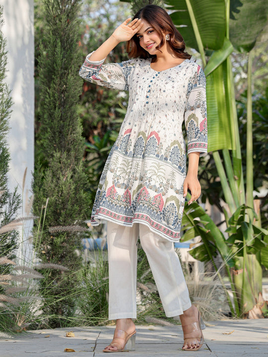 White Printed A-Line Pure Cotton kurta pant set