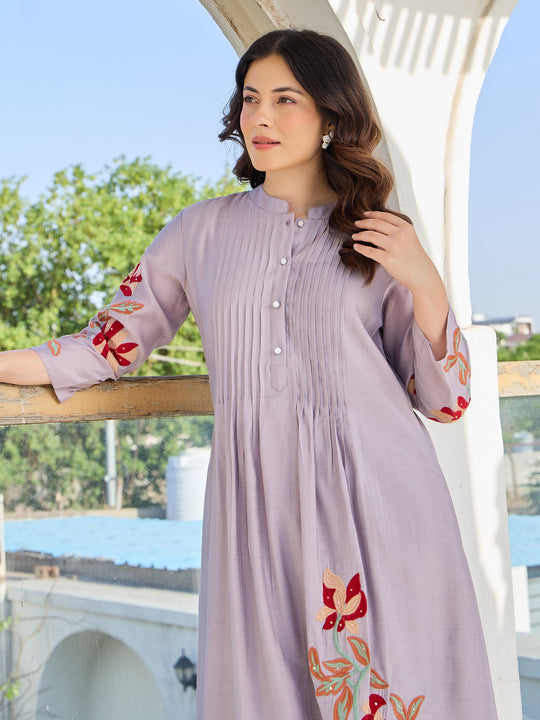 Lavender Embroidered A-Line Pure Cotton Kurta Pant Set