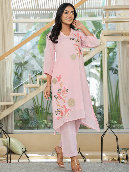 Pink Embroidered A-Line Pure Cotton kurta pant set