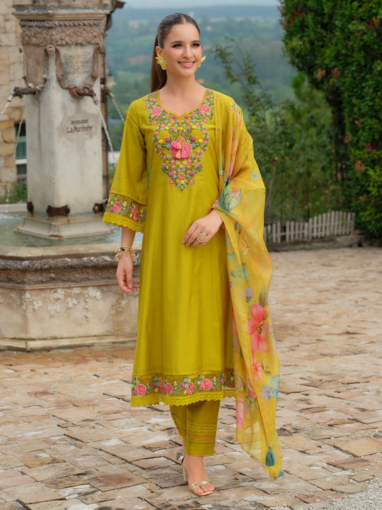 Yellow Embroidered Cotton Blend A-Line Kurta Sets With Dupatta