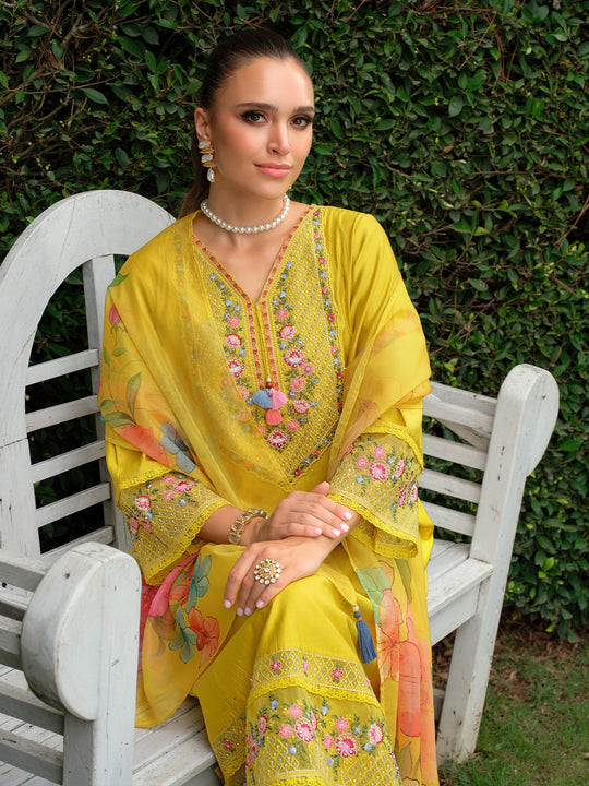 Yellow Embroidered Liva A-Line Kurta Sets With Dupatta