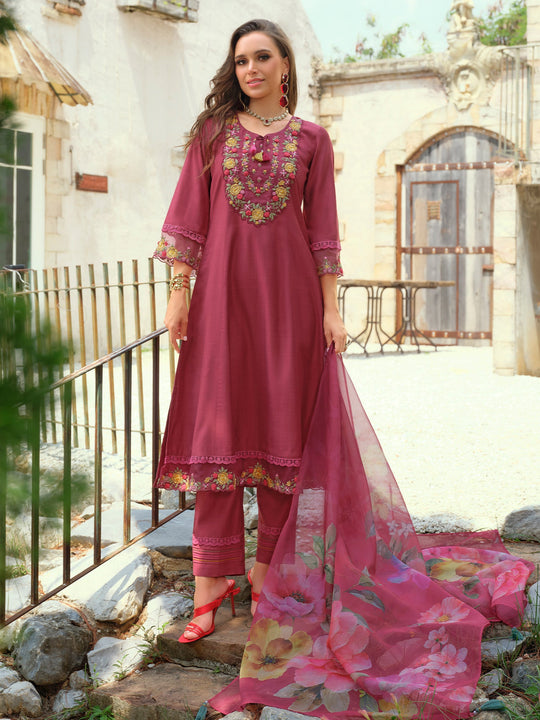 Pink Embroidered Cotton Blend A-Line Kurta Sets With Dupatta