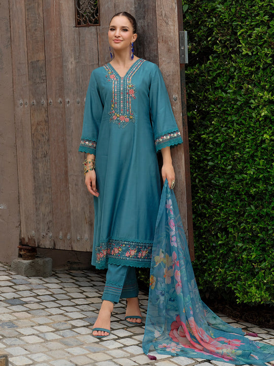 Blue Embroidered Cotton Blend A-Line Kurta Sets With Dupatta