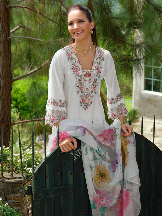 White Embroidered Cotton Blend A-Line Kurta Sets With Dupatta