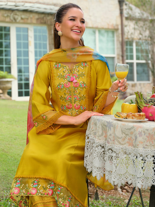Yellow Embroidered Cotton Blend A-Line Kurta Sets With Dupatta