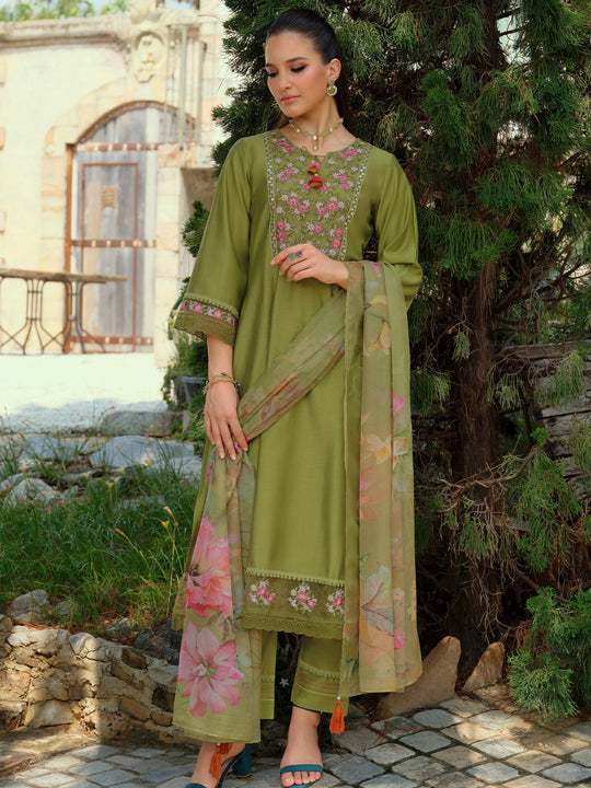 Green Embroidered Liva A-Line Kurta Sets With Dupatta