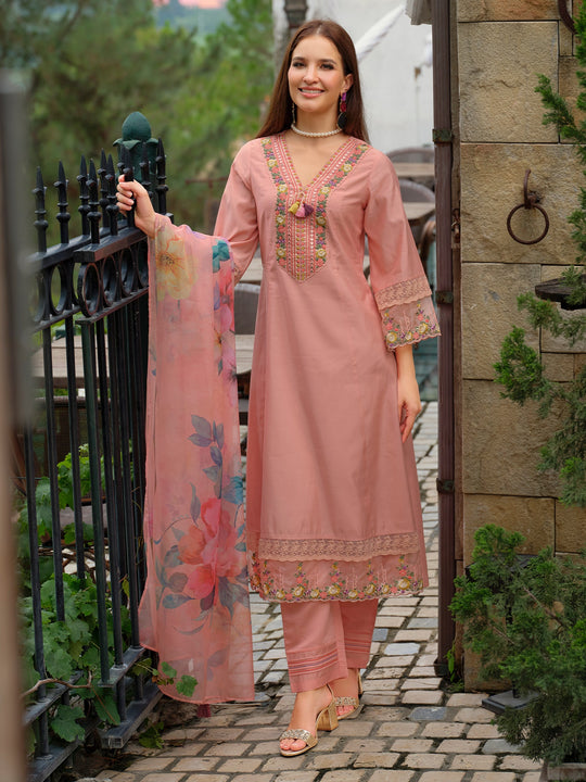 Peach Embroidered Silk Blend A-Line Kurta Sets With Dupatta