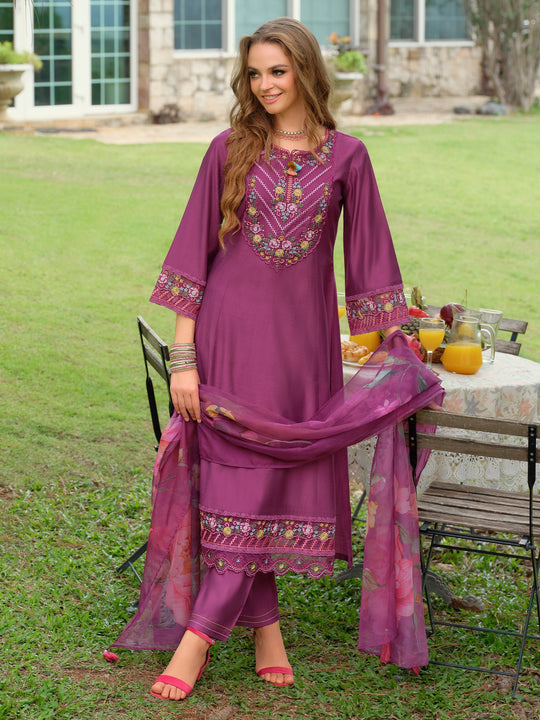 Purple Embroidered Cotton Blend A-Line Kurta Sets With Dupatta