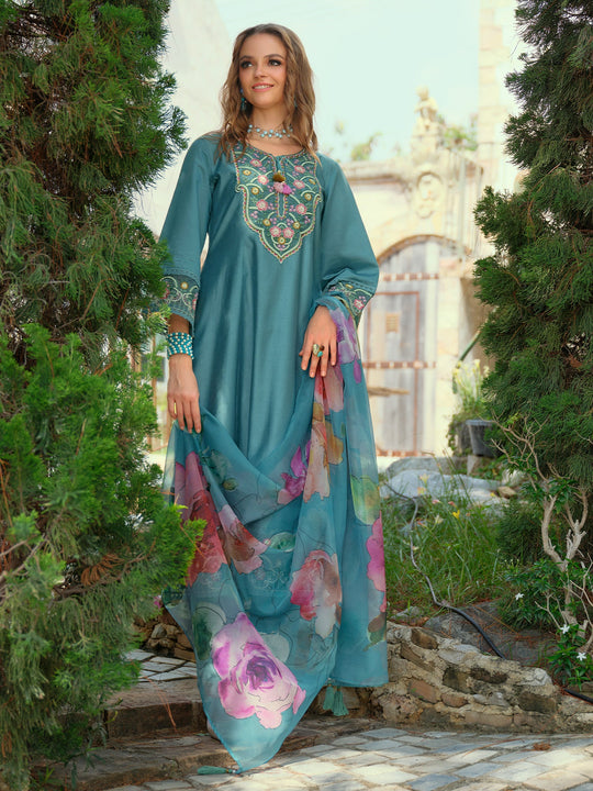 Blue Embroidered Liva A-Line Kurta Sets With Dupatta