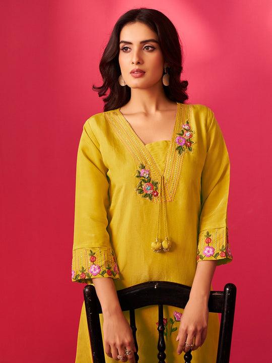 Yellow Embroidered Silk Blend A-Line Kurta Trousers Set
