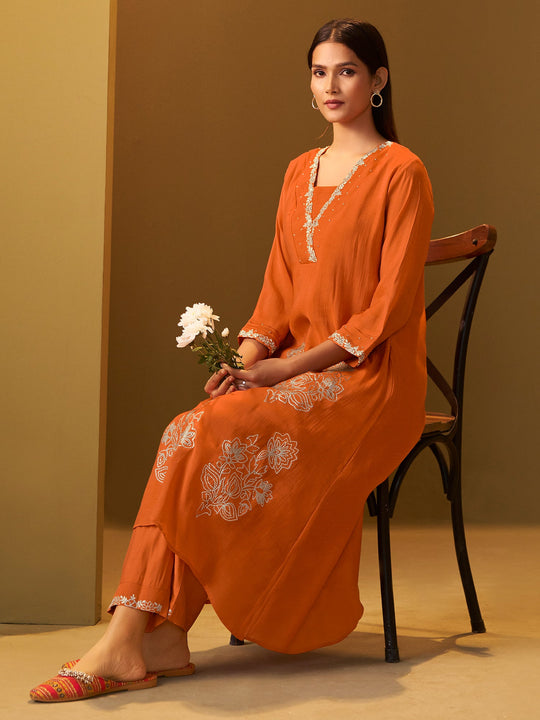 Orange Embroidered Silk Blend A-Line Kurta Trousers Set