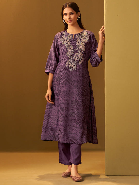 Indo Era Burgundy Embroidered A-Line Kurta Trousers Set