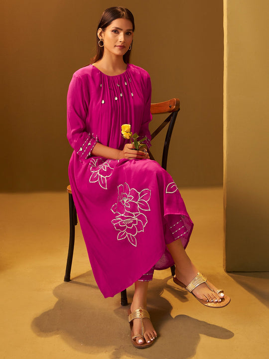 Pink Embroidered Silk Blend A-Line Kurta Trousers Set