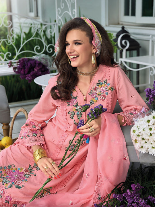 Pink Embroidered Straight Pure Cotton Suit With Dupatta
