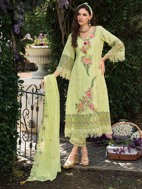 Green Embroidered Straight Pure Cotton Suit With Dupatta