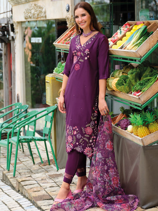 Purple Embroidered Straight Liva Kurta Sets With Dupatta