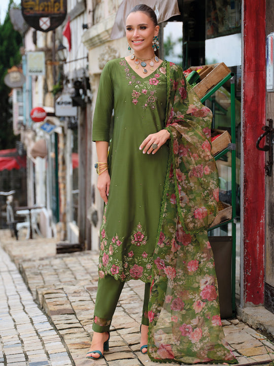 Green Embroidered Straight Liva Kurta Sets With Dupatta