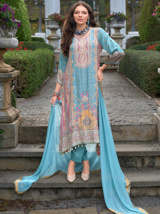 Women Blue Printed Liva A-Line Kurta Palazzo With Dupatta