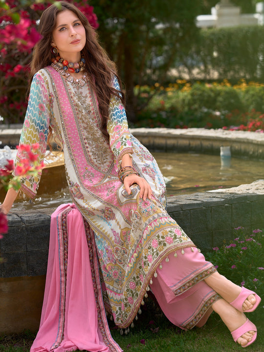 Women Pink Printed Liva A-Line Kurta Palazzo With Dupatta