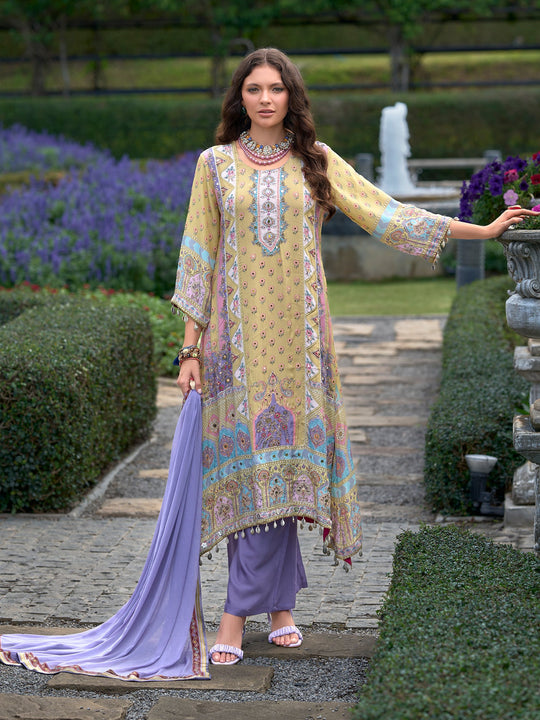 Women Yellow Printed Liva A-Line Kurta Palazzo With Dupatta
