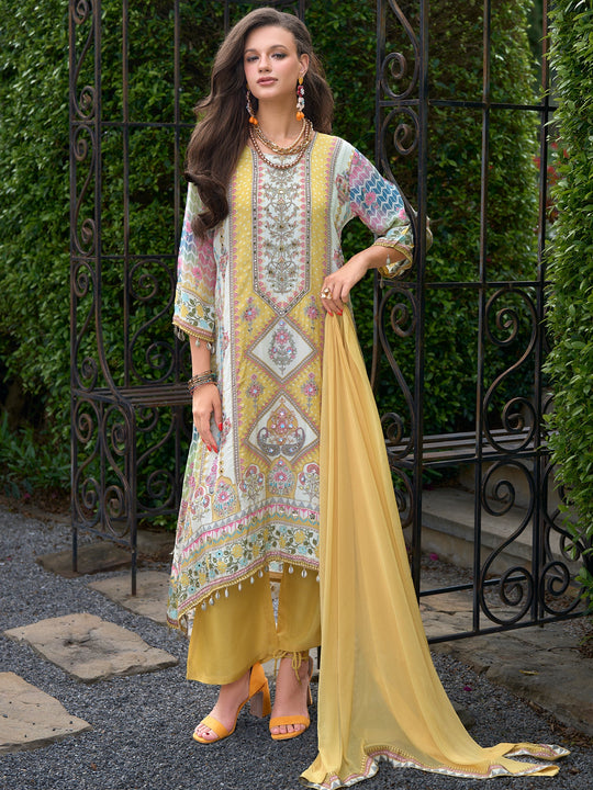 Women Yellow Printed Liva A-Line Kurta Palazzo With Dupatta
