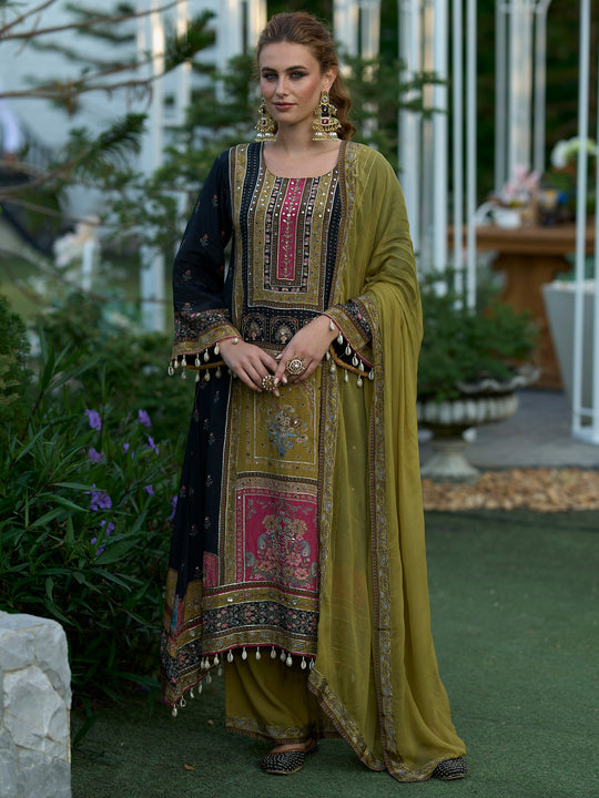 Women Green Printed Liva A-Line Kurta Palazzo With Dupatta