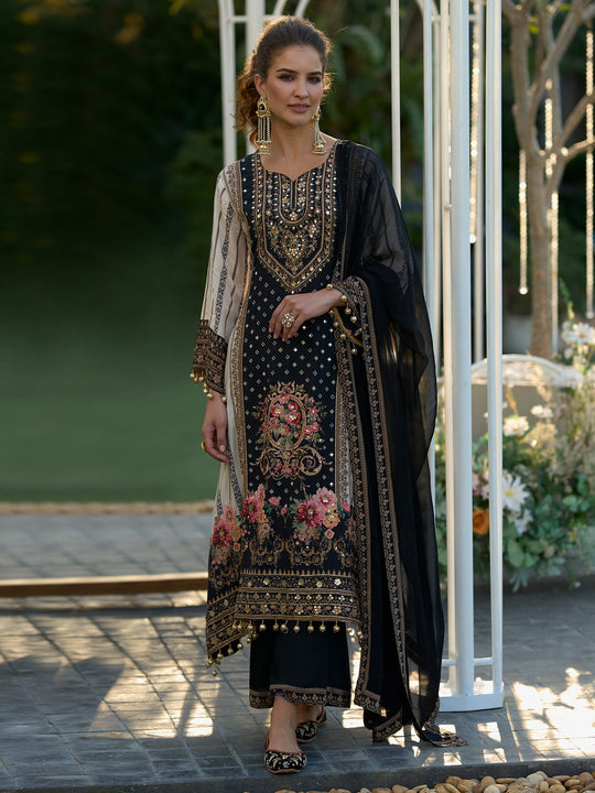 Women Black Printed Liva A-Line Kurta Palazzo With Dupatta