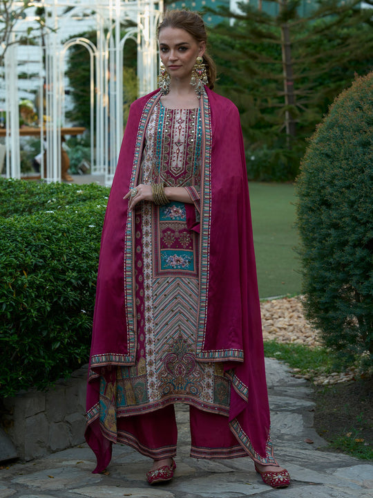 Women Pink Printed Liva A-Line Kurta Palazzo With Dupatta