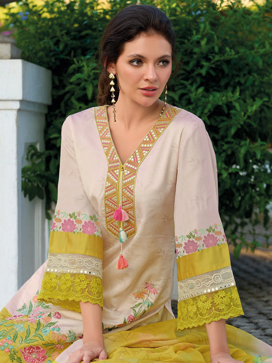 Indo Era Yellow Embroidered Straight Kurta Trousers With Dupatta Set