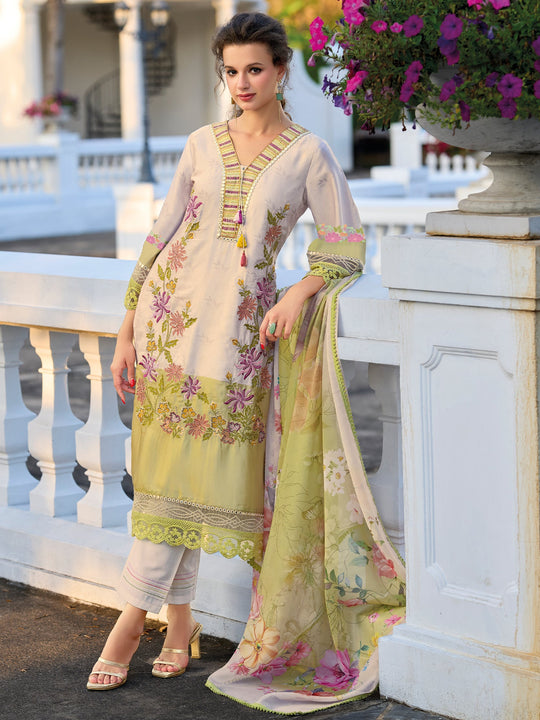 Indo Era Green Embroidered Straight Kurta Trousers With Dupatta Set