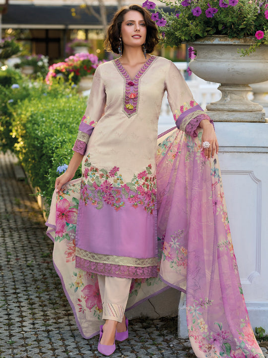Lavender Embroidered Silk Blend Straight Kurta Sets With Dupatta