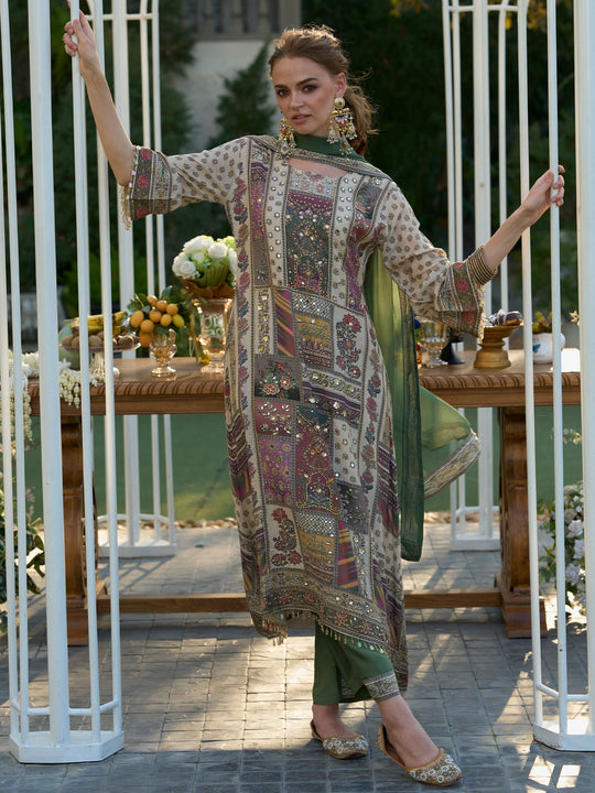 Women White Printed Liva A-Line Kurta Palazzo With Dupatta