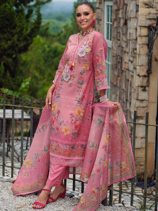 Women Pink Embroidered Linen Straight Kurta Trouser With Dupatta