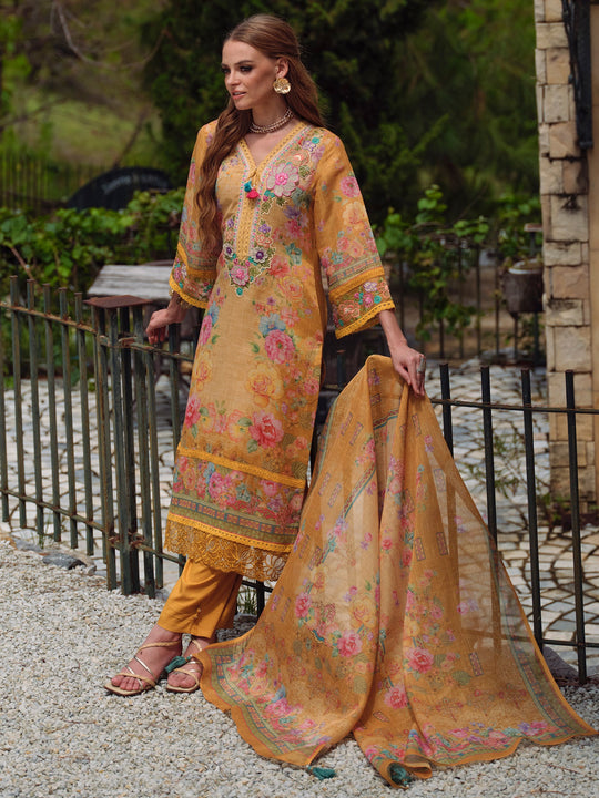 Women Yellow Embroidered Linen Straight Kurta Trouser With Dupatta