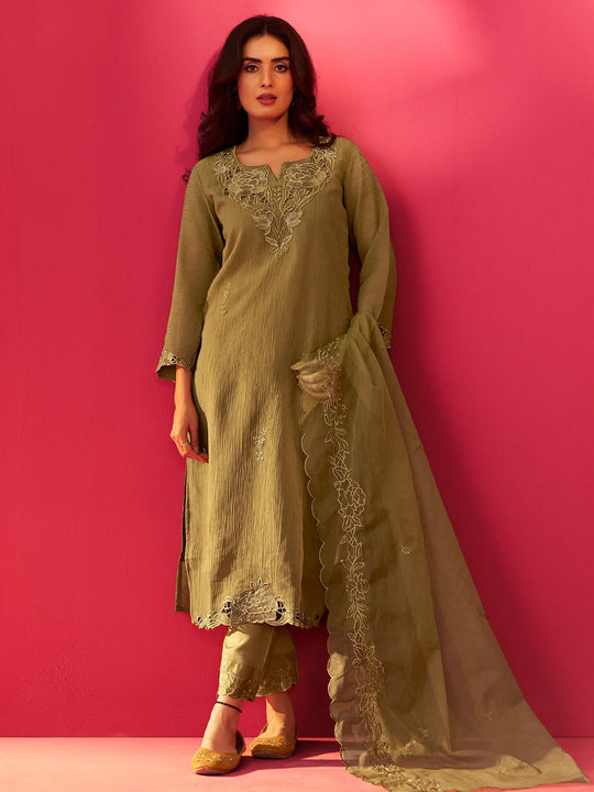 Green Embroidered Silk Blend Straight Suit Sets With Dupatta