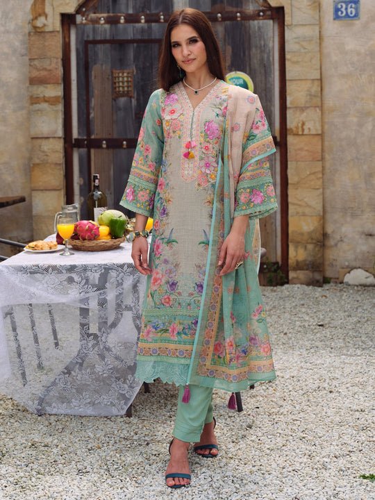 Women Sea Green Embroidered Linen Straight Kurta Trouser With Dupatta