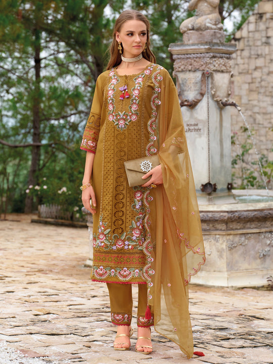Mustard Embroidered Silk Blend Straight Kurta Sets With Dupatta