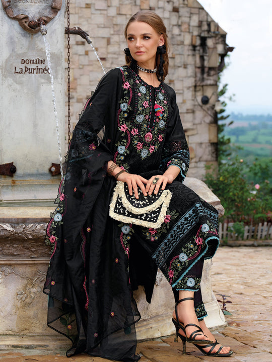 Black Embroidered Silk Blend Straight Kurta Sets With Dupatta