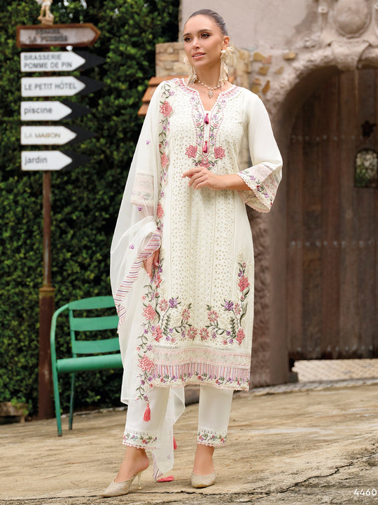Off White Embroidered Silk Blend Straight Kurta Sets With Dupatta