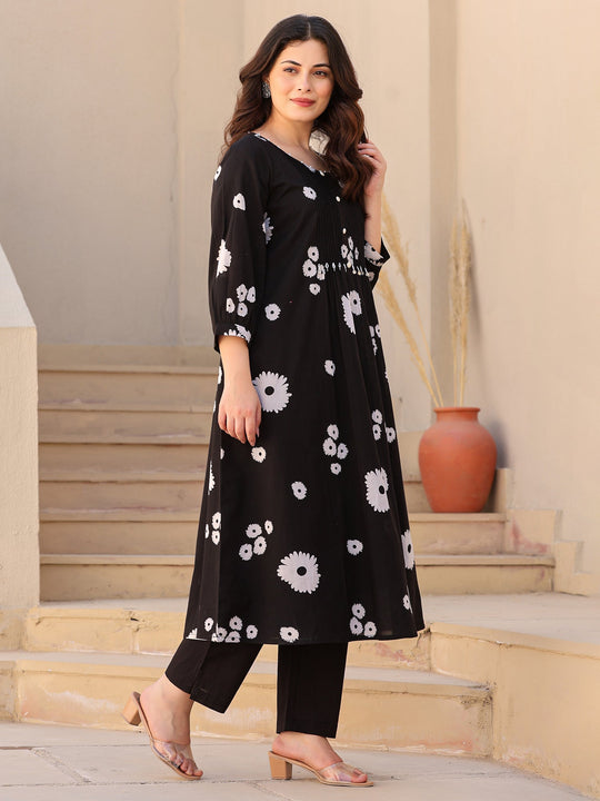 Black Printed A-Line Pure Cotton kurta pant set