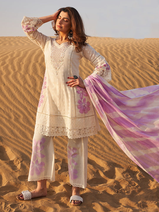 Off White Embroidered Cotton Blend A-Line Kurta Sets With Dupatta