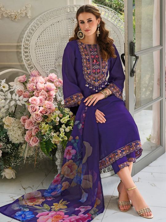 Indo Era Purple Embroidered A-Line Kurta Trousers With Dupatta Set