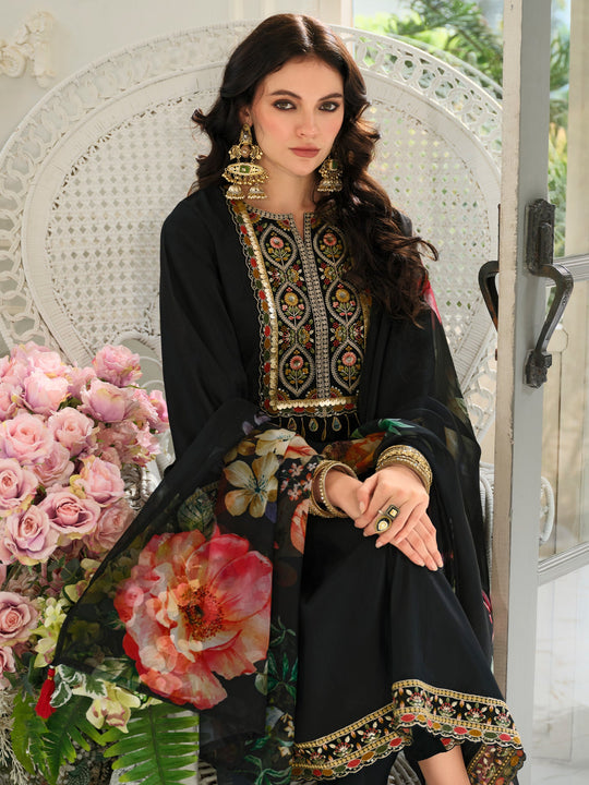 Indo Era Black Embroidered A-Line Kurta Trousers With Dupatta Set