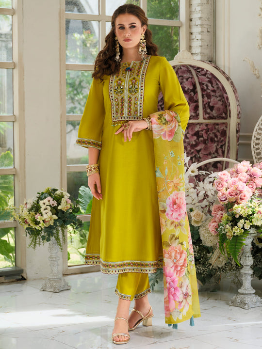 Indo Era Mustard Embroidered A-Line Kurta Trousers With Dupatta Set
