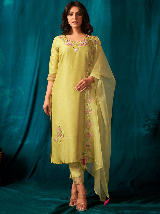 Women Olive Embroidered Silk Blend Straight Kurta Trouser With Dupatta