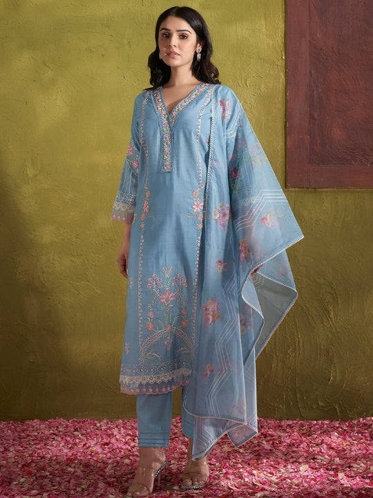 Women Blue Embroidered Silk Blend Straight Kurta Trouser With Dupatta