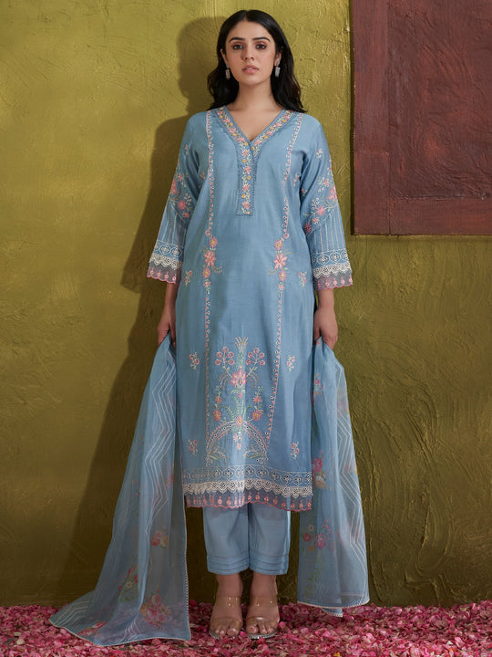 Women Blue Embroidered Silk Blend Straight Kurta Trouser With Dupatta