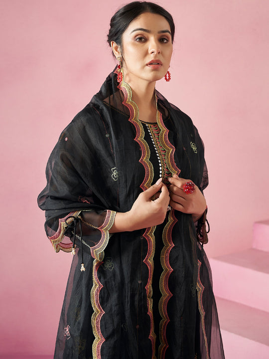 Women Black Embroidered Organza Straight Kurta Trouser With Dupatta